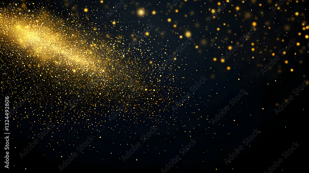 Poster golden glitter sparkles on a dark background with a bright light trail and bokeh effect festive abst