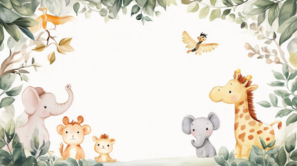 Obraz premium Charming Watercolor Illustration of Cute Cartoon Animals in a Forest