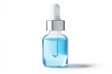 Clear glass dropper bottle containing blue liquid, set against a plain white background, showcasing product