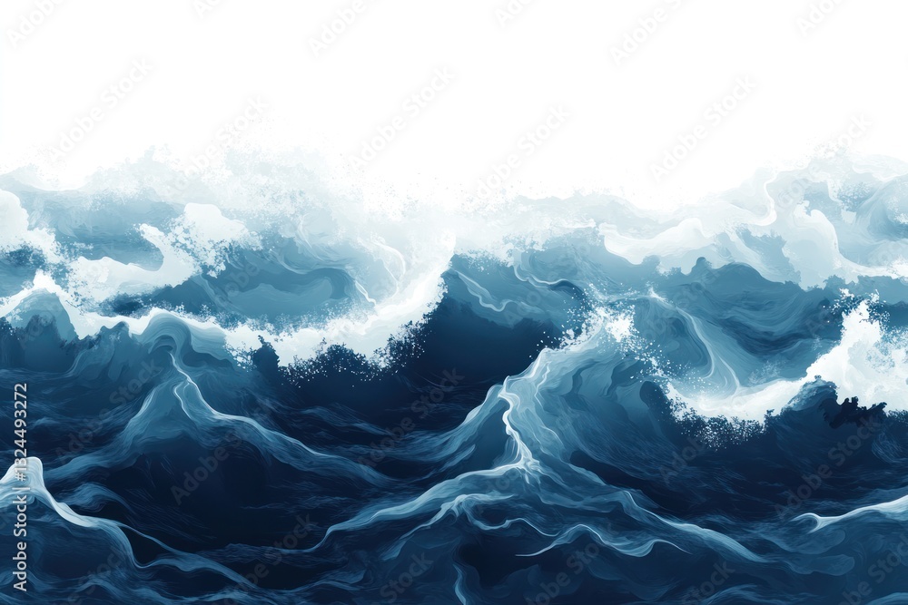 Poster dark blue sea water with powerful waves crashing, creating white foam at the surface and a dynamic t