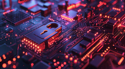 Futuristic cybersecurity concept with a glowing lock integrated into high tech circuit board. 