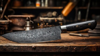 Damascus chef knife workshop workbench background