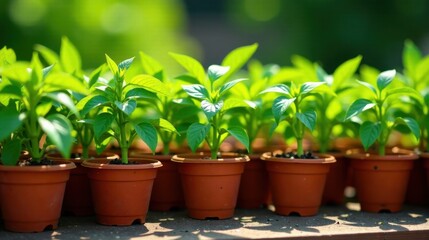 Obraz premium Vibrant young seedlings thriving in terracotta pots, bathed in sunlight, showcasing early growth and healthy leaves in a nurturing environment