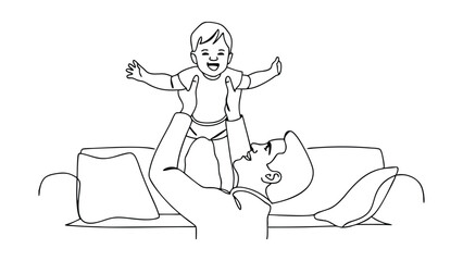 Obraz premium Happy Father Son Playful Moments Couch Line Art Drawing