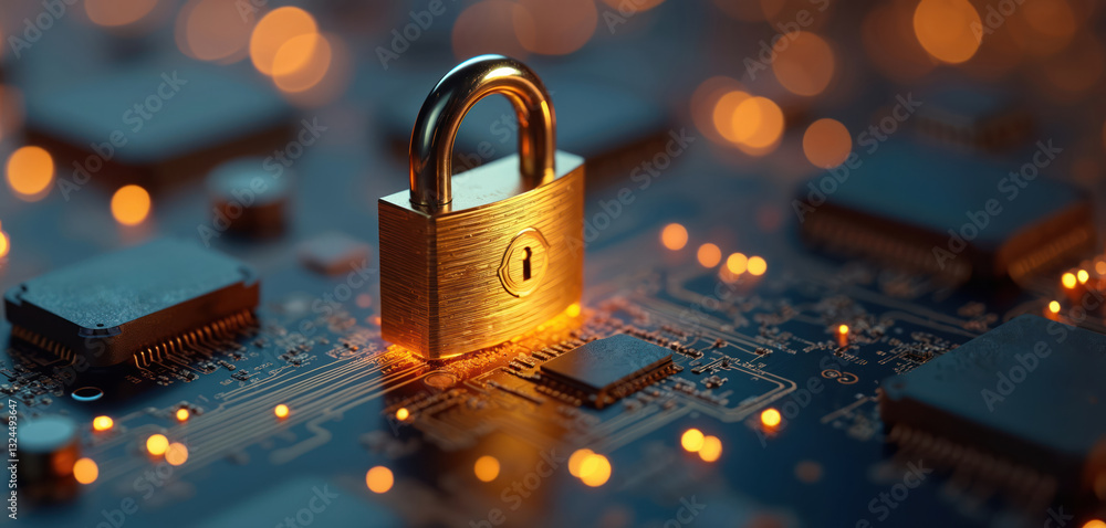 Fototapete shiny golden padlock on circuit board, concept of digital security. data protection, encryption, sec
