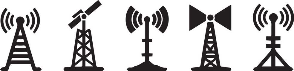 Antenna tower icon collection. Wireless radio signal symbol set.