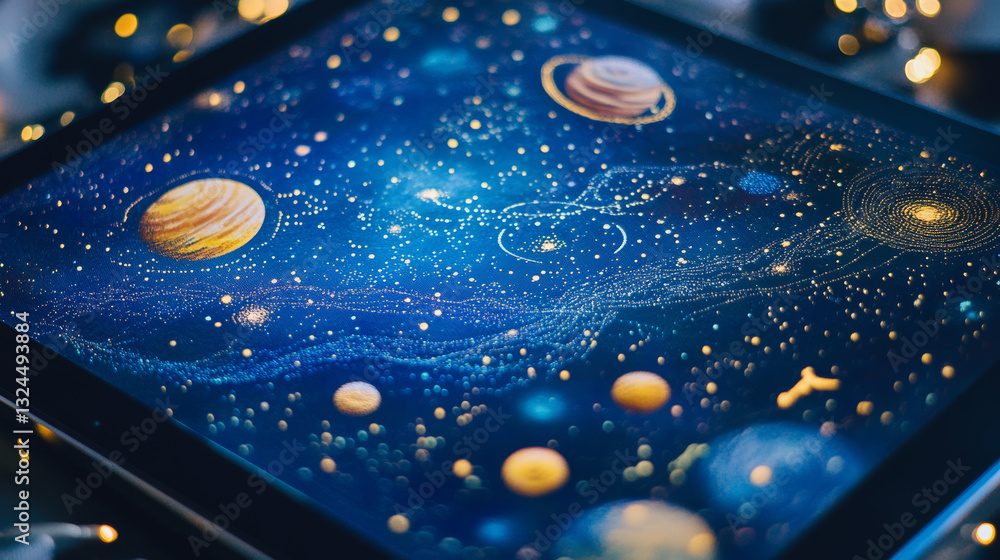 Poster abstract image of a open tablet blue in the form of a starry sky or space, consisting of points, lin