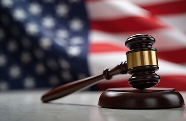 Judge gavel on table. Judicial hammer for attention, verdict. Justice judgment at courts of law. American flag waves in background. Legal, criminal authority, law system and state punishment.