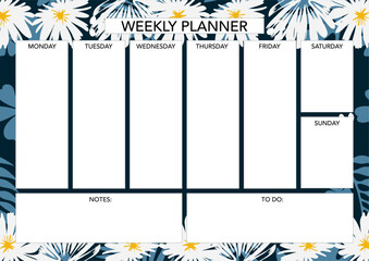 Weekly planner template with florals. Abstract modern design. Blank printable sheet.