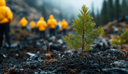 Trees planted for forest recovery. Volunteers in yellow jackets support a forest restoration project by planting young trees among rocky terrain.