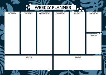 Weekly planner template with florals. Abstract modern design. Blank printable sheet.