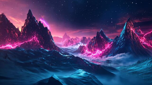 Futuristic neon mountains with lightning at night in a mystical landscape