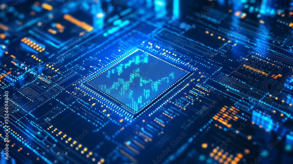 Poster ai chip and stock market candlesticks in low poly wireframe tech blue. stock market and artificial i