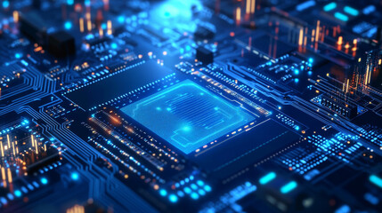 AI chip and stock market candlesticks in low poly wireframe tech blue. Stock market and artificial intelligence background. Forex and trade and AI microchip or processor bg. Vector Illustration. 