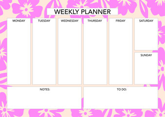 Weekly planner template with florals. Abstract modern design. Blank printable sheet.