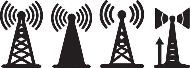 Antenna tower icon collection. Wireless radio signal symbol set.