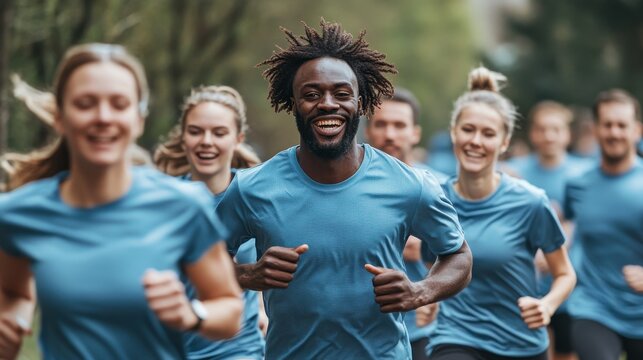 A group of joggers participating in a charity run, wearing matching T-shirts and smiling as they move together