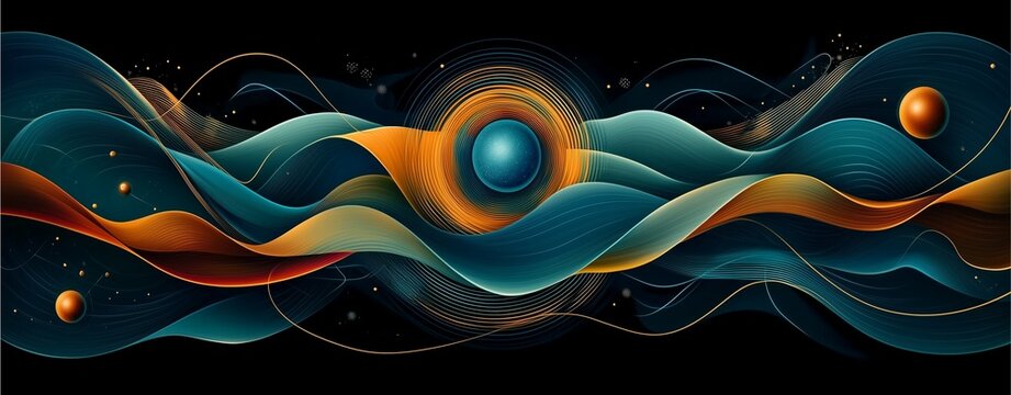 Hatch-style drawing of quantum superposition with dual-state atom, artistic sketch of quantum computing physics in waveform space.
