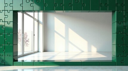 Sunlit Interior Room Framed by a Green Puzzle Piece Structure