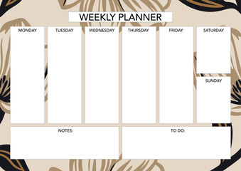 Weekly planner template with florals. Abstract modern design. Blank printable sheet.