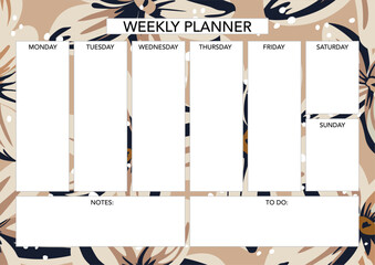 Weekly planner template with florals. Abstract modern design. Blank printable sheet.