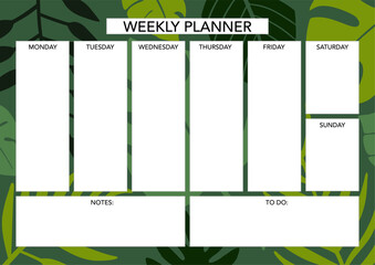 Weekly planner template with florals. Abstract modern design. Blank printable sheet.