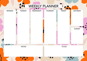Weekly planner template with florals. Abstract modern design. Blank printable sheet.