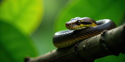 Serpentine beauty coiled on a branch, a close-up view of a reptile in its natural habitat