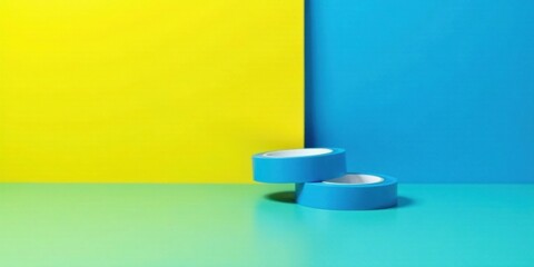 Vibrant Blue Adhesive Tape Rolls on a Tri-Color Background Featuring Yellow, Teal, and Blue