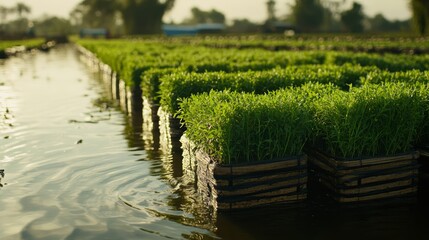 Vibrant Rice Seedlings in Waterlogged Field at Golden Hour