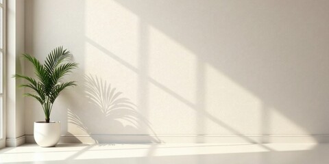 Serene Minimalist Interior Featuring a Lush Green Plant in a White Pot, Basking in Sunlight Streaming Through a Window, Casting Gentle Shadows on a Neutral Wall