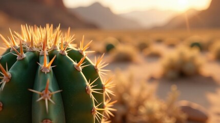 Golden Hour Desert Cactus Close-up  A vibrant succulent with sharp spines bathed in the warm glow of the setting sun, showcasing intricate details against a softly blurred desert landscape.