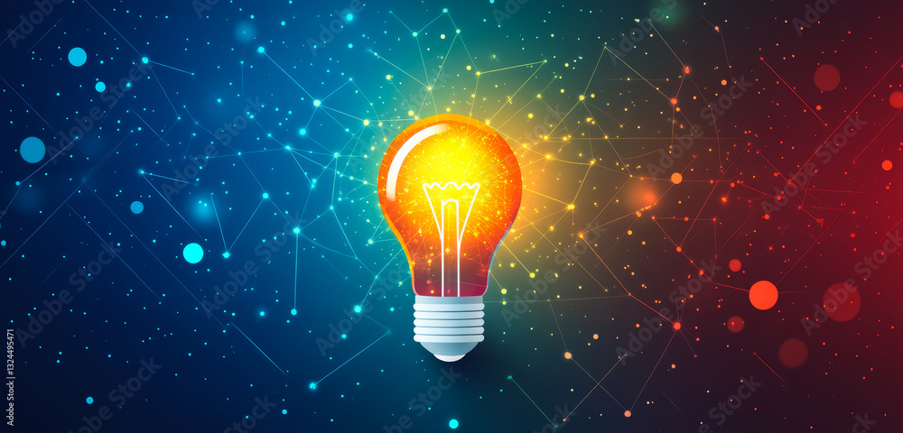 Poster bright bulb on vivid backdrop. bright light bulb emits vibrant rays in a colorful cosmic background 