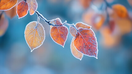 Frost-covered autumn leaves cling to a branch, showcasing the beauty of winter's first touch.  A delicate balance of warm and cool tones.