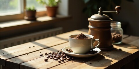 Sunlit Rustic Coffee Preparation Ground Coffee in Cup, Beans, and Manual Grinder on Wooden Table