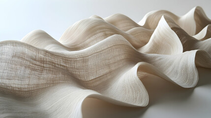 Cream-colored fabric art piece, meticulously sculpted into a series of elegant waves and curves. The texture is smooth yet slightly rough, adding depth and intrigue.