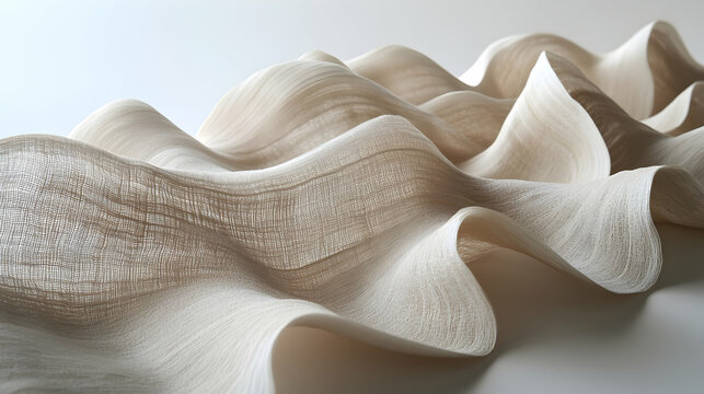 Cream-colored fabric art piece, meticulously sculpted into a series of elegant waves and curves. The texture is smooth yet slightly rough, adding depth and intrigue.