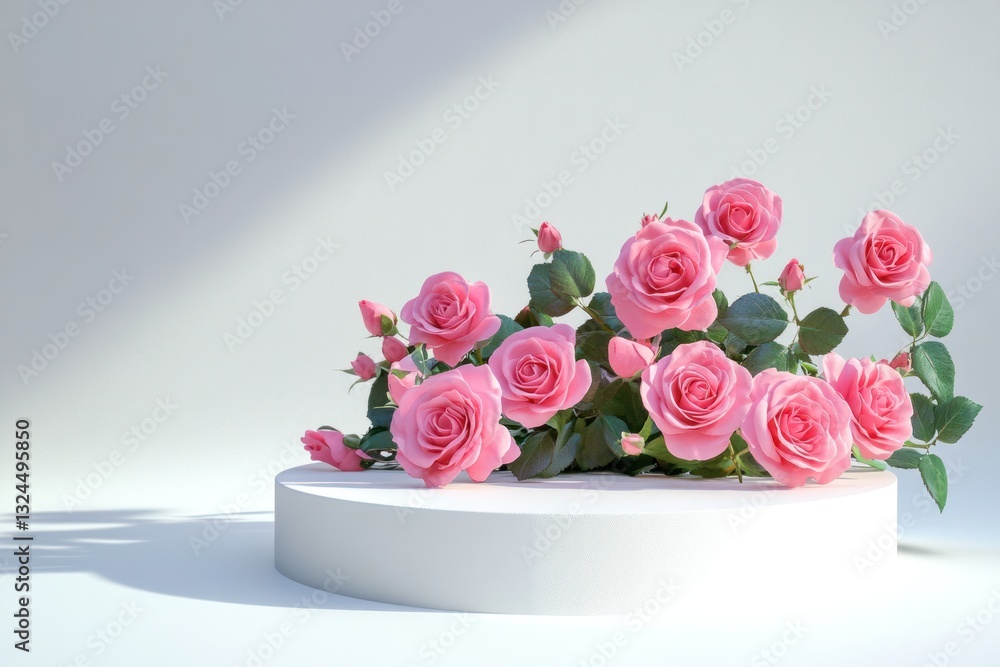 Poster simple yet striking 3d podium with soft shadows and a cluster of vibrant pink roses, creating an ele