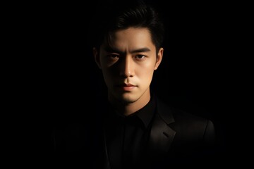 Naklejka premium Dramatic Black-and-White Portrait of an East Asian Man in Film-Noir Style