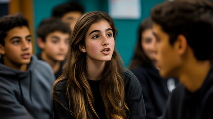 Obraz premium Engaged teenagers participate in a classroom discussion, developing critical thinking and communication skills