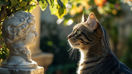 Obraz premium Curious Tabby Cat Explores Antique Marble Sculpture in Garden