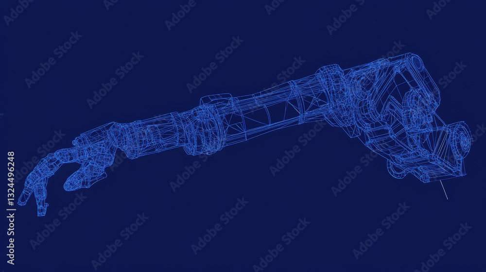 Poster robotic arm in dark blue background. automation concept. polygonal wireframe with lines and dots. ab