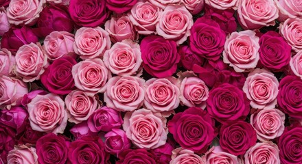 A lush and vibrant floral arrangement with delicate pink roses and fuchsia blooms creates a romantic and luxurious atmosphere for Valentine's Day and weddings.