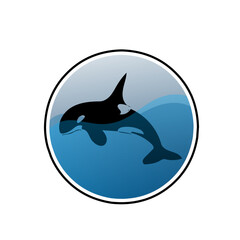 A vector image of a single orca with a round blue background. The orca is depicted leaping, symbolizing freedom and the beauty of this marine creature.