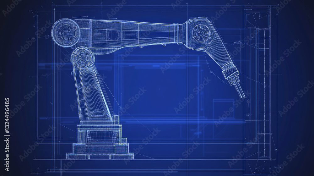 Poster robotic arm in dark blue background. automation concept. polygonal wireframe with lines and dots. ab