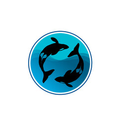 An illustration of two orcas swimming in a circular motion inside a blue circle. This vector design is perfect for logos, icons, or decorations related to the ocean and marine life.