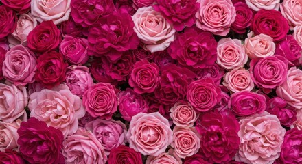 Obraz premium A lush and vibrant floral arrangement with delicate pink roses and fuchsia blooms creates a romantic and luxurious atmosphere for Valentine's Day and weddings.