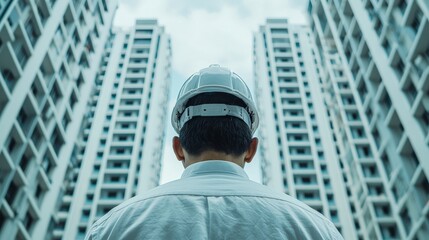 Construction Worker Inspects Apartment Building from Low Angle View