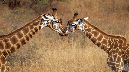 Two giraffes sharing tender moment with necks crossed against golden grass background, showing affectionate animal behavior in natural habitat