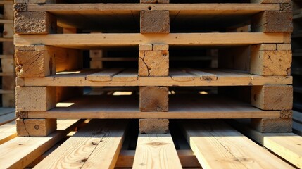 Close-up View of Stacked Wooden Pallets Showing Natural Wood Grain and Textural Details